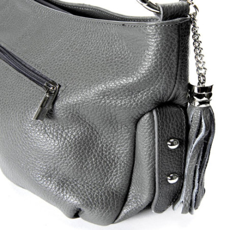 Sac à main tendance femme en cuir grainé italien porté épaule et bandoulière gris foncé