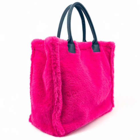 Cabas femme en fausse fourrure et cuir fabriqué en Italie rose fuchsia haut de gamme