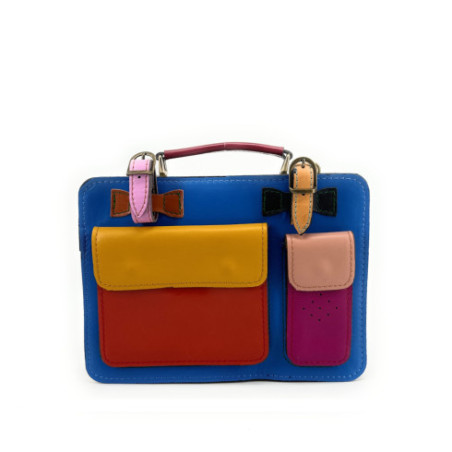 Sac cartable en patchwork de cuir lisse multicolore bleu
