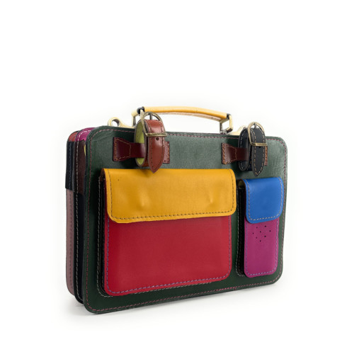 Sac cartable en patchwork de cuir italien multicolore
