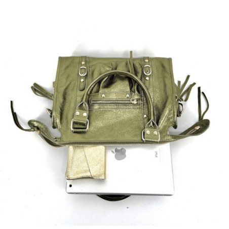 Sac à main femme en cuir brillant pur de vachette avec bandoulière amovible vert kaki