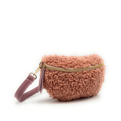 Sac banane tendance femme en peluche rose avec bandoulière