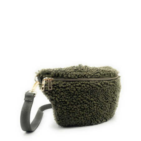 Grand sac femme peluche porté taille et crossbody kaki avec bandoulière amovible