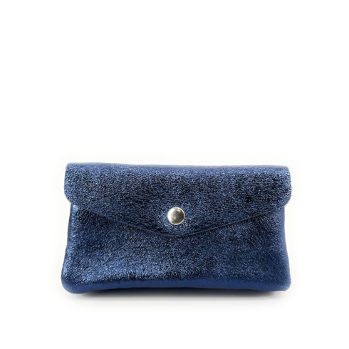 Porte-cartes pochette femme tendance en cuir métallisé porté main bleu moyen porte-monnaie