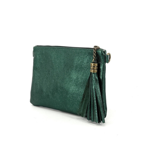 Sac femme en cuir irisé italien porté de travers et bandoulière vert forêt irisé sac pochette