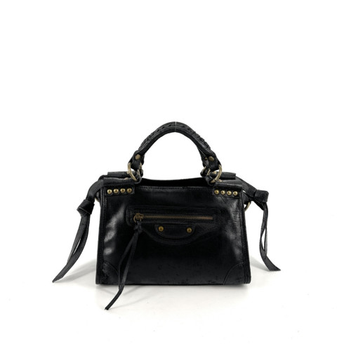 Mini-sac à main noir en cuir brossé pour femme fabriqué en Italie