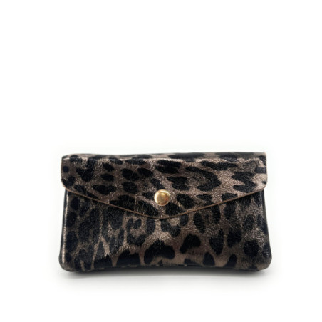Porte-monnaie pochette femme en cuir métallisé pur de vachette italien couleur champagne motif léopard