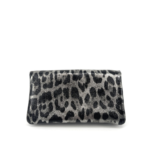 Mini pochette femme en cuir italien couleur argent pur vachette pour femme imprimé léopard