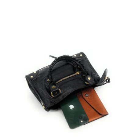 Mini sac en cuir de vachette italien véritable couleur noir métallisé avec bandoulière amovible pour femme