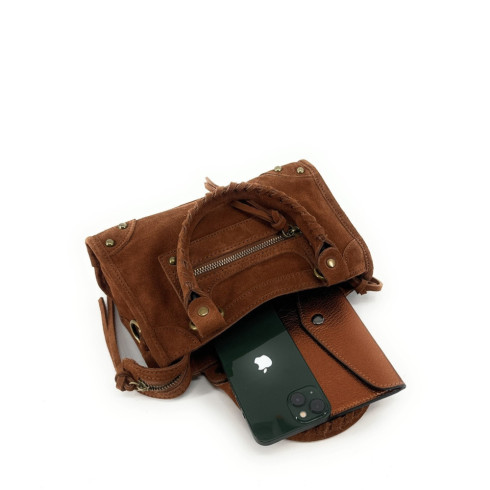 Mini-sac en cuir nubuck pur de vachette italien porté main avec bandoulière amovible cannelle pour femme