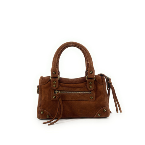 Mini sac en croûte de cuir de vachette italien véritable avec bandoulière amovible couleur cannelle