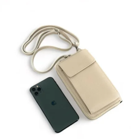 Sac pochette très tendance femme en cuir porté épaule avec bandoulière amovible beige étui téléphone portable
