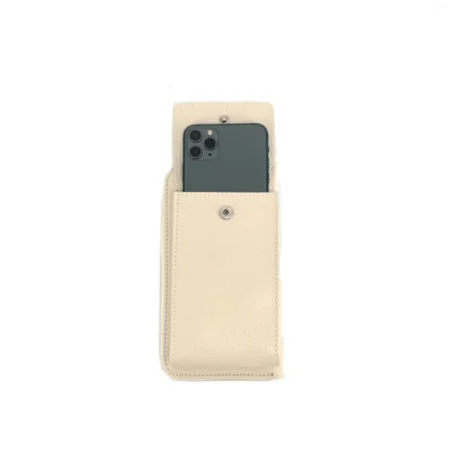Mini sac pochette étui téléphone portable tendance femme en cuir grainé porté main épaule et bandoulière beige