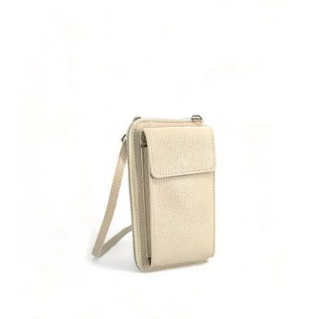 Etui téléphone portable tendance femme en cuir grainé porté bandoulière et main beige mini sac pochette