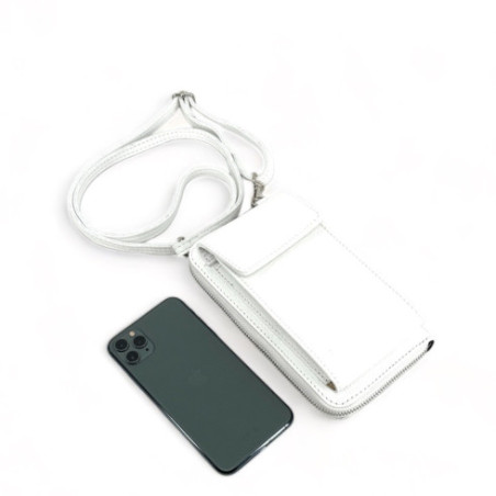 Mini sac pochette étui téléphone portable tendance femme en cuir grainé porté main bandoulière et épaule blanc
