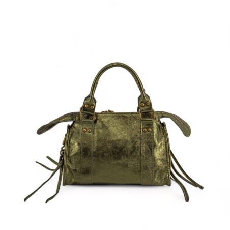 Mini sac femme bowling en cuir brossé kaki métallisé pur vachette italien