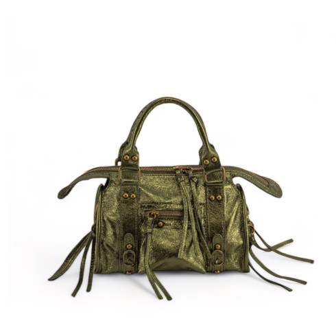 Mini sac à main bowling en cuir brossé brillant vert kaki pur vachette italienne