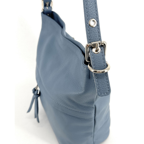 Sac en cuir grainé pour femme tendance type seau couleur bleu avec bandoulière amovible