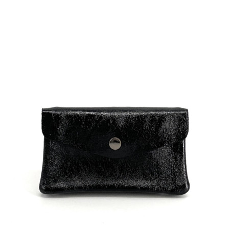 Porte-monnaie en cuir noir métallisé pour femme pur de vachette mini pochette brillante fabriqué en Italie
