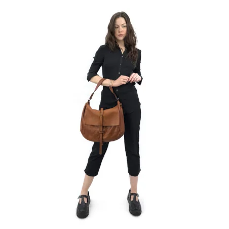 Sac à main vintage couleur cognac en cuir délavé souple pur vachette italien
