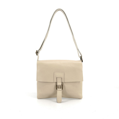 Sac bandoulière mode femme en cuir grainé bicolore porté bandoulière taupe clair