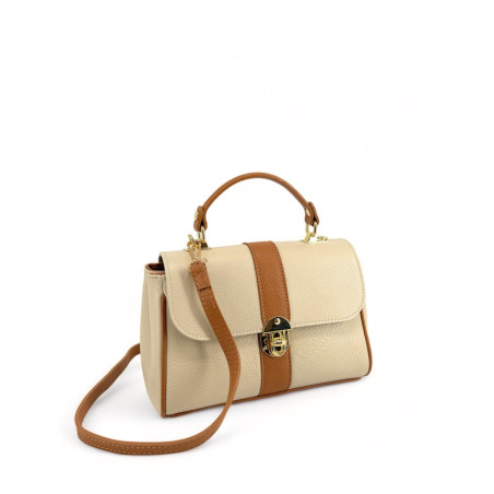 Sac en cuir grainé pur de vachette italien type baguette beige et camel avec bandouliere