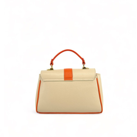 Sac à main femme en cuir grainé pur vachette beige et orange forme baguette