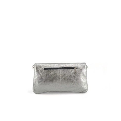 Sac à main pochette femme en cuir métallisé argent porté main avec bandouliere chaînette