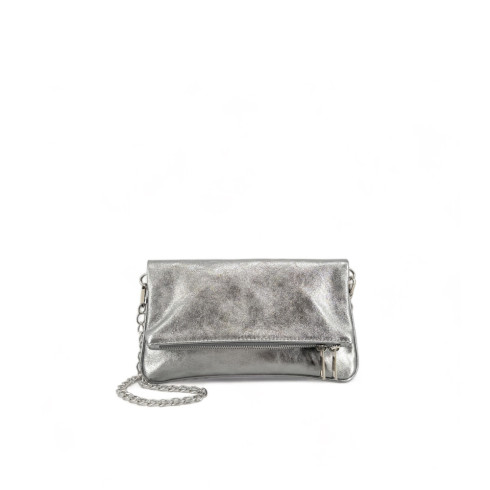 Sac pochette femme en cuir de vachette couleur argent avec bandouliere chaine