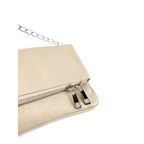 Sac à main femme type pochette en cuir métallisé couleur beige avec bandoulière