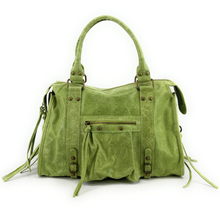 Sac à main femme tendance en cuir brossé porté main épaule de travers et bandoulière vert anis