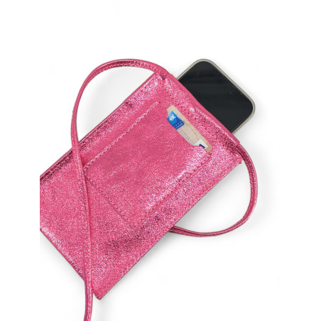 Mini sac pour téléphone portable en cuir rose intense irisé