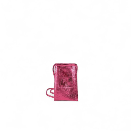 Pochette femme pour smartphone en cuir italien rose intense brillant