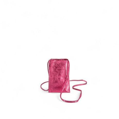 Micro sac rose intense métallisé pour cellulaire femme en cuir pur vachette