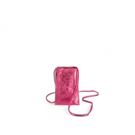 Micro sac rose intense métallisé pour cellulaire femme en cuir pur vachette