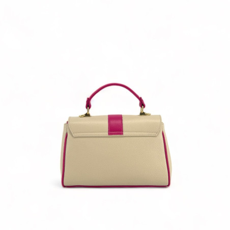 sac pour femme en cuir beige et rose fuchsia porté main avec bandoulière