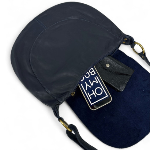besace à bandoulière en cuir pur de vachette italien lisse bleu foncé pour femme mode