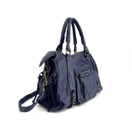 sac de rentrée femme mode porté main avec bandoulière bleu profond en cuir vintage
