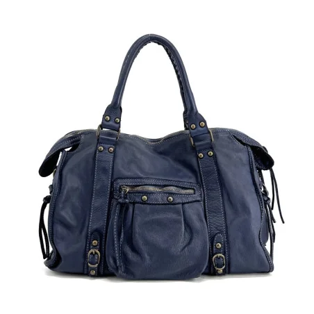 sac de bureau tendance femme en cuir souple vintage bleu profond avec bandoulière amovible