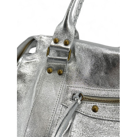 Sac chic en cuir brossé métallisé argent pur vachette avec bandoulière pour femme
