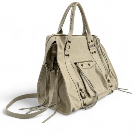 Sac pour femme en cuir brossé beige pur vachette porté main avec bandoulière fabriqué en Italie