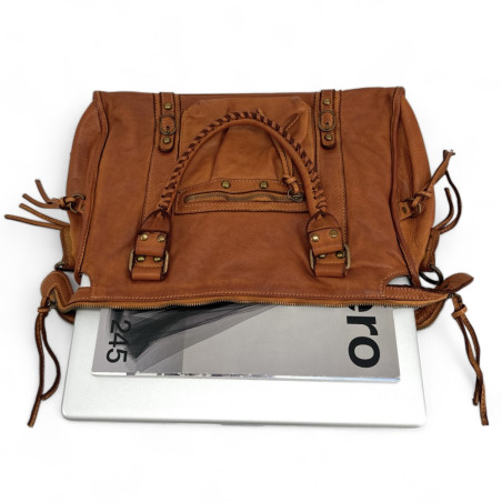 sac à main marron camel pour femme en cuir pur vachette italien vintage