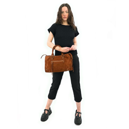 Sac à main baguette tendance en cuir daim marron cannelle pur vachette femme fabriqué en Italie