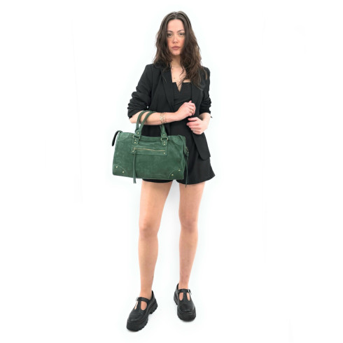 Sac baguette tendance en cuir pur de vachette porté main ou bandoulière sac à main en daim vert forêt