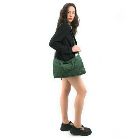 Sac baguette en daim nubuck pur de vachette femme porté main ou bandoulière sac à main en cuir nubuck vert foncé