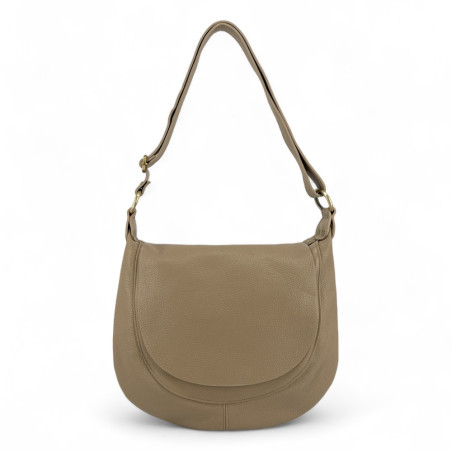 Sac besace très tendance femme en cuir grainé italien porté bandoulière taupe moyen