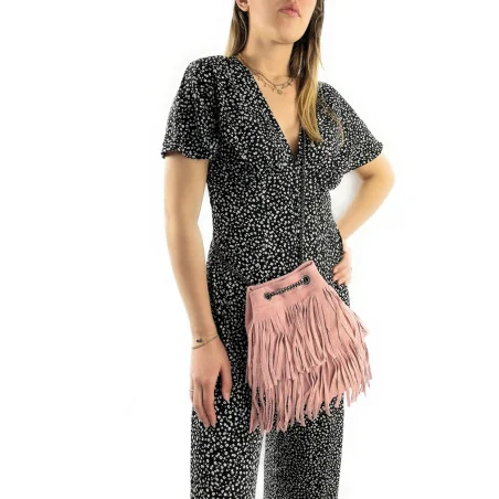 sac seau pour femme en cuir nubuck italien de qualité rose poudre avec frange et chainette