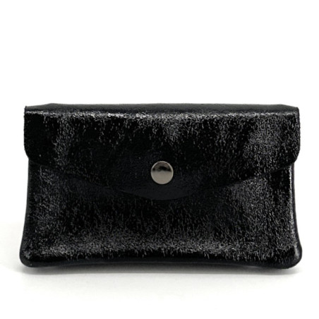 Porte-monnaie brillant noir en cuir italien métallisé pour femme pur de vachette