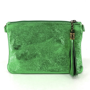 sac femme à bandoulière forme pochette en cuir vert anglais irisé fabriqué en Italie
