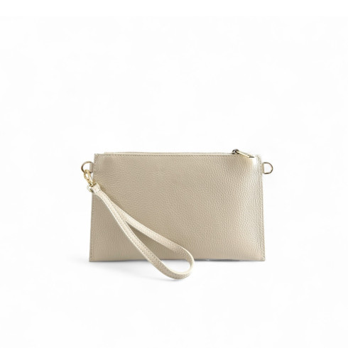 Sac pochette en cuir grainé  beige tendance avec porte-monnaie assorti pur vachette